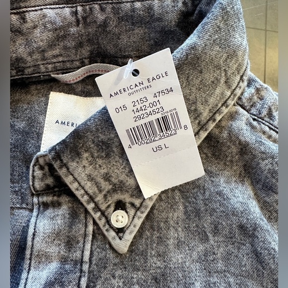 🦖AMERICAN EAGLE OUTFITTERS MEN’S  BLACK WASH DENIM SHIRT SIZE-L - Picture 5 of 9